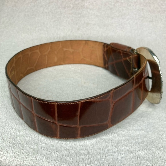 Vintage Adoppia Vita Leather Belt Wide Embossed-Bourbon Brown/Silver-Women’s 28